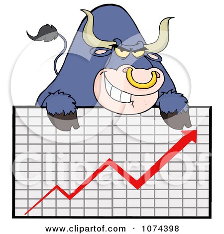 Clipart Grinning Purple Market Bull Over A Financial Chart - Royalty Free Vector Illustration by Hit Toon