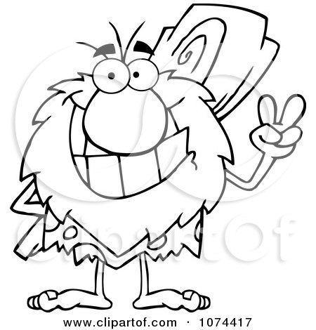 Clipart Outlined Caveman Gesturing Peace And Holding A Club Behind His Back - Royalty Free Vector Illustration by Hit Toon