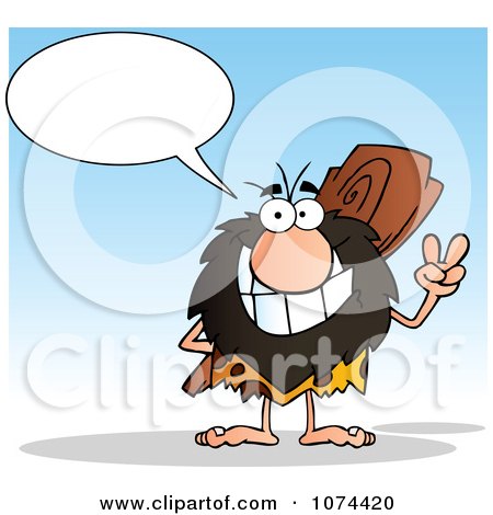 Clipart Talking Caveman Gesturing Peace And Holding A Club Behind His Back - Royalty Free Vector Illustration by Hit Toon