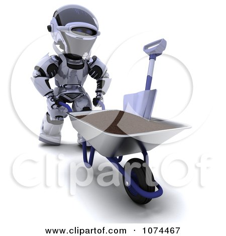 Clipart 3d Robot Pushing Soil In A Wheelbarrow - Royalty Free CGI Illustration by KJ Pargeter