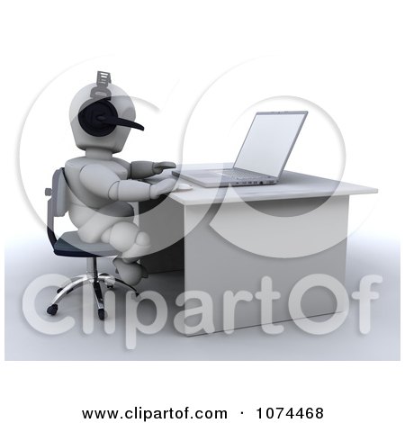 Clipart 3d White Character Wearing A Headset And Using A Laptop - Royalty Free CGI Illustration by KJ Pargeter