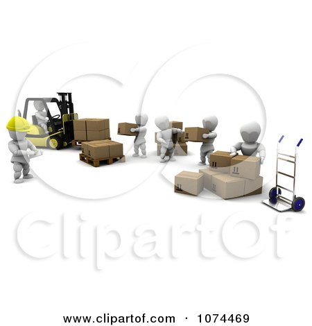 Clipart 3d White Characters Using A Dolly And Forklift In A Shipping Warehouse - Royalty Free CGI Illustration by KJ Pargeter