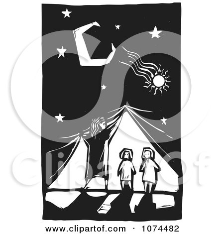 Clipart Black And White Woodcut Woman Lifting A Curtain Over Children - Royalty Free Vector Illustration by xunantunich