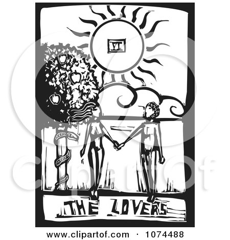 Clipart Black And White Woodcut Tarot Lovers - Royalty Free Vector Illustration by xunantunich