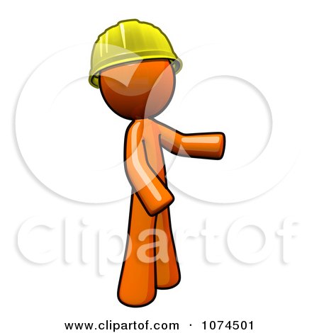 Clipart Orange Man Wearing A Hardhat And Presenting - Royalty Free Illustration by Leo Blanchette