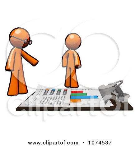 Clipart Orange Men Discussing Financial Charts On A Giant Clipboard - Royalty Free Illustration by Leo Blanchette