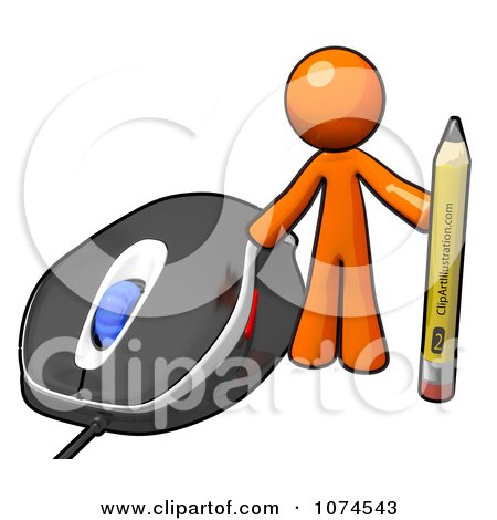 Clipart 3d Orange Man Holding A Pencil By A Computer Mouse - Royalty Free Illustration by Leo Blanchette