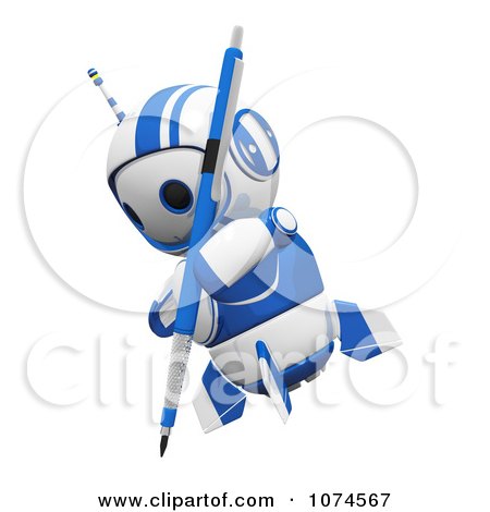 Clipart Cute 3d Blueberry Robot Using A Pencil - Royalty Free CGI Illustration by Leo Blanchette