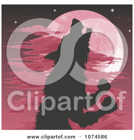 Clipart Silhouetted Werewolf Howling Against A Red Full Moon - Royalty Free Vector Illustration by AtStockIllustration