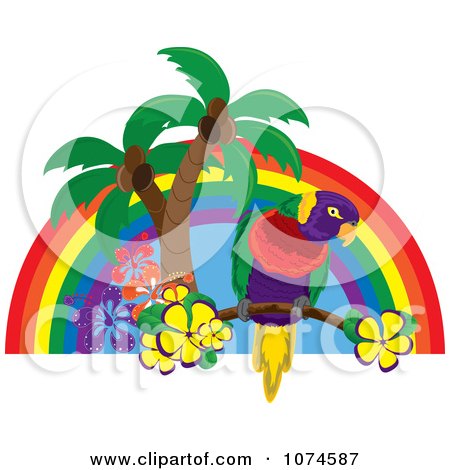 Clipart Tropical Parrot With Palm Trees And Hibiscus Flowers Under A Rainbow 2 - Royalty Free Vector Illustration by Pams Clipart