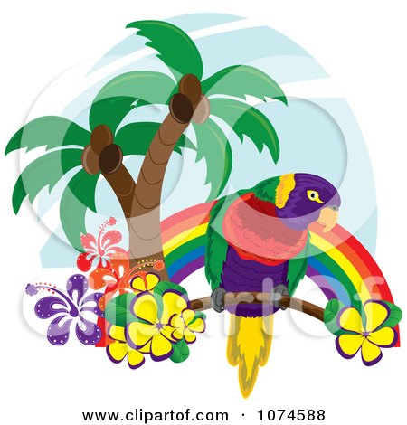 Clipart Tropical Parrot With Palm Trees And Hibiscus Flowers Under A Rainbow 3 - Royalty Free Vector Illustration by Pams Clipart