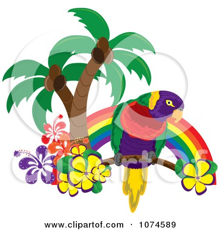 Clipart Tropical Parrot With Palm Trees And Hibiscus Flowers Under A Rainbow 1 - Royalty Free Vector Illustration by Pams Clipart