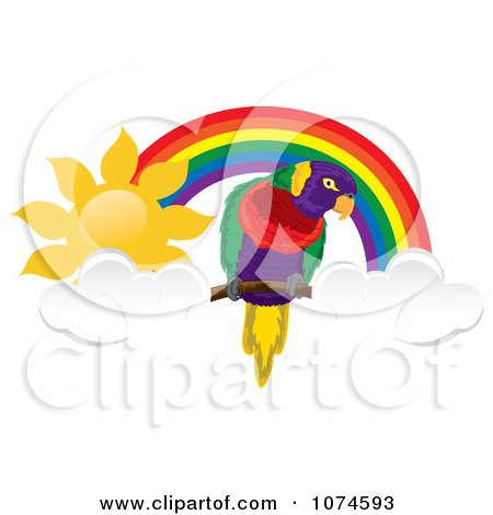 Clipart Parrot With Clouds Under A Sunny Rainbow Arch 1 - Royalty Free Vector Illustration by Pams Clipart