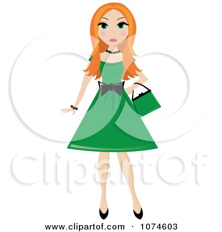 Clipart Red Haired Teen Girl In A Green Dress - Royalty Free Vector Illustration by Pams Clipart