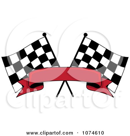 Clipart Two Crossed Checkered Racing Flags And A Red Banner - Royalty Free Vector Illustration by Pams Clipart