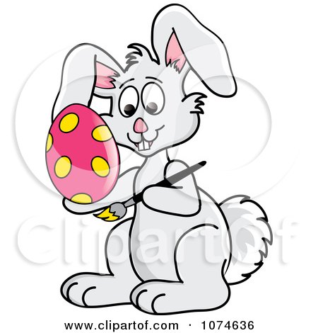 Clipart Gray Easter Bunny Decorating Eggs - Royalty Free Vector Illustration by Pams Clipart