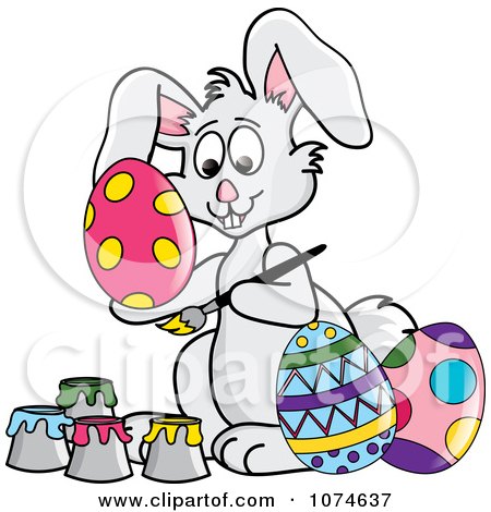 Clipart Gray Easter Bunny Painting Eggs - Royalty Free Vector Illustration by Pams Clipart
