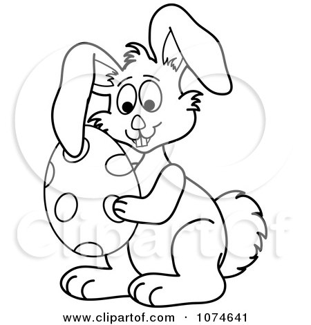Clipart Outlined Easter Bunny Holding An Egg - Royalty Free Vector Illustration by Pams Clipart