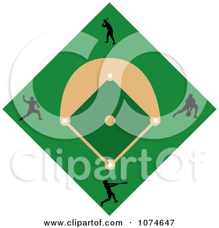 Clipart Black Silhouetted Players On A Baseball Diamond Field - Royalty Free Vector Illustration by Pams Clipart