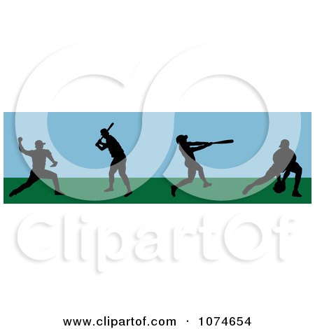 Clipart Silhouetted Baseball Players In A Field 1 - Royalty Free Vector Illustration by Pams Clipart