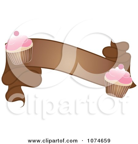 Clipart Brown Banner With Cherry Frosted Cupcakes - Royalty Free Vector Illustration by Pams Clipart