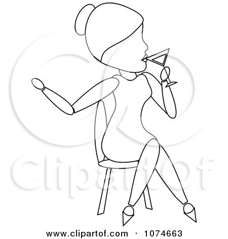 Clipart Outlined Lady Sipping A Cocktail And Sitting - Royalty Free Vector Illustration by Pams Clipart
