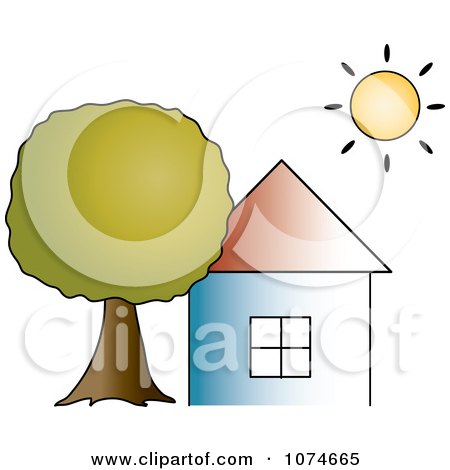 Clipart The Sun Shining Over A House With A Big Tree - Royalty Free Vector Illustration by Pams Clipart