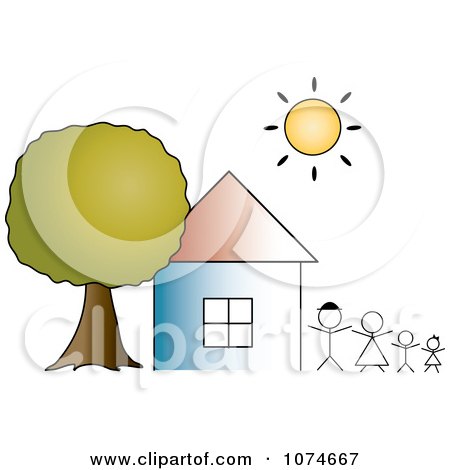 Clipart The Sun Shining Over A House And Stick Peole - Royalty Free Vector Illustration by Pams Clipart
