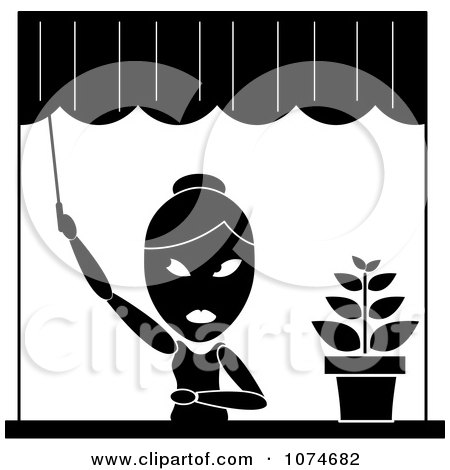 Clipart Black And White Woman Opening Her Window Curtains - Royalty Free Vector Illustration by Pams Clipart