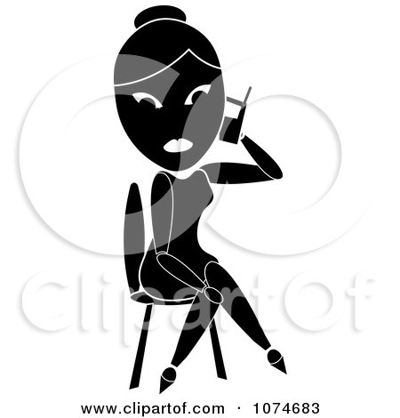 Clipart Black And White Woman Sitting And Talking On A Phone - Royalty Free Vector Illustration by Pams Clipart