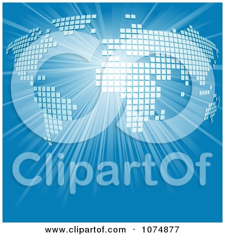 Clipart Pixel World Map On A Shining Blue Background - Royalty Free Vector Illustration by dero