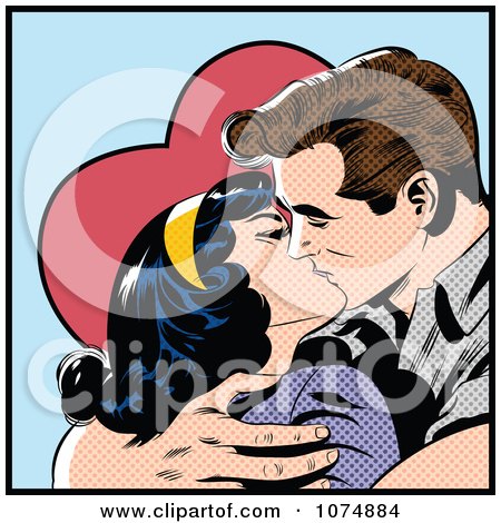 Clipart Retro Pop Art Couple Kissing And Holding Each Other Tight Over A Heart - Royalty Free Vector Illustration by brushingup