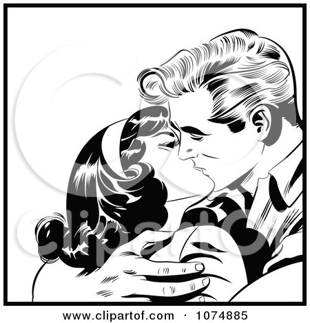 Clipart Black And White Retro Pop Art Couple Kissing And Holding Each Other Tight - Royalty Free Vector Illustration by brushingup