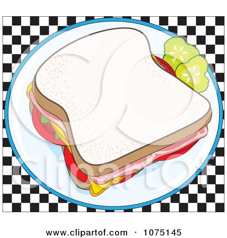 Clipart Ham Sandwich Garnished With Pickles On A Checkered Background - Royalty Free Vector Illustration by Maria Bell