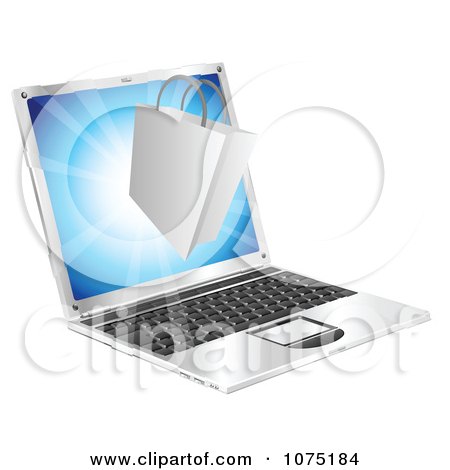 Clipart 3d Shopping Bag Floating Over A Laptop Computer - Royalty Free Vector Illustration by AtStockIllustration