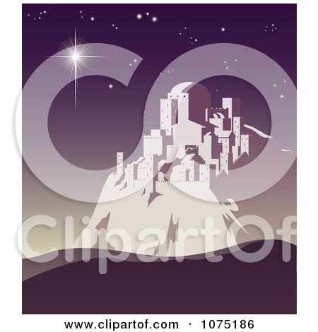 Clipart Christmas Star Shining Over Bethlehem On A Purple Night - Royalty Free Vector Illustration by AtStockIllustration