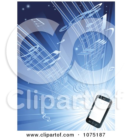 Clipart Music Streaming From A 3d Smart Cell Phone Over Blue - Royalty Free Vector Illustration by AtStockIllustration