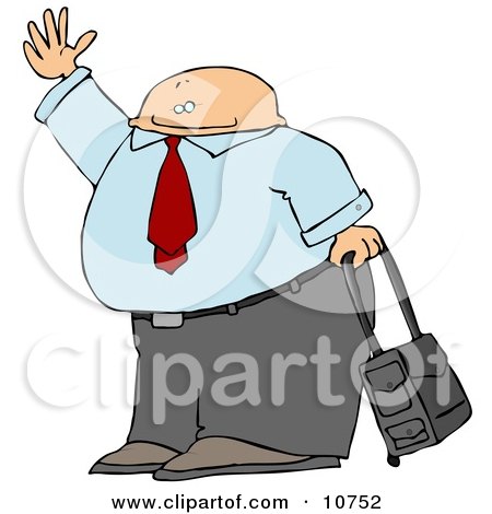 Traveling Businessman With Rolling Luggage, Waving Goodbye or Hailing a Taxi Cab Clipart Illustration by djart