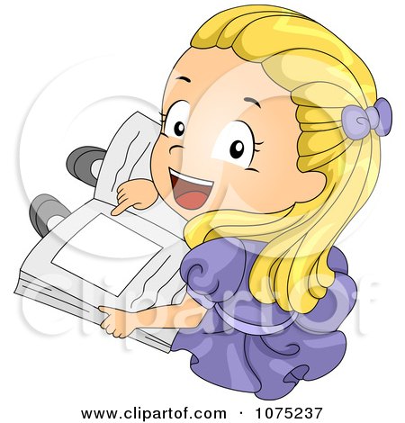 Clipart Cute Girl Excitedly Pointing To A Picture In A Book - Royalty Free Vector Illustration by BNP Design Studio