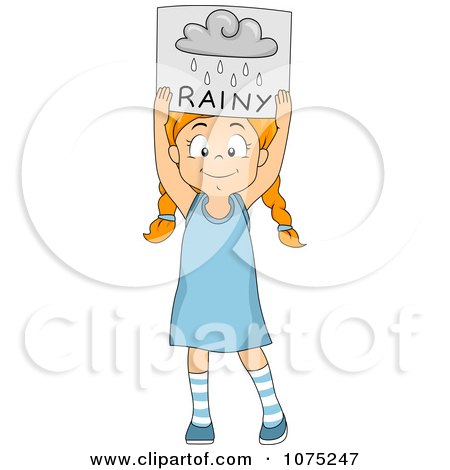 Clipart School Girl Holding A Rainy Weather Flash Card - Royalty Free Vector Illustration by BNP Design Studio