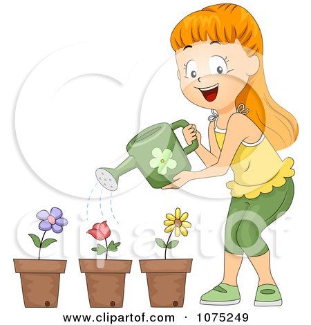 Clipart School Girl Watering Potted Flowers - Royalty Free Vector Illustration by BNP Design Studio