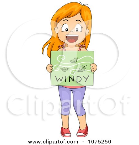 Clipart School Girl Holding A Windy Weather Flash Card - Royalty Free Vector Illustration by BNP Design Studio