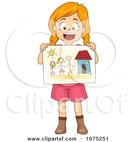 Clipart Happy School Girl Sharing A Drawing Of Her Family - Royalty Free Vector Illustration by BNP Design Studio