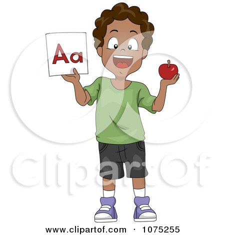 Clipart Black School Boy Holding An Apple And A Flash Card - Royalty Free Vector Illustration by BNP Design Studio