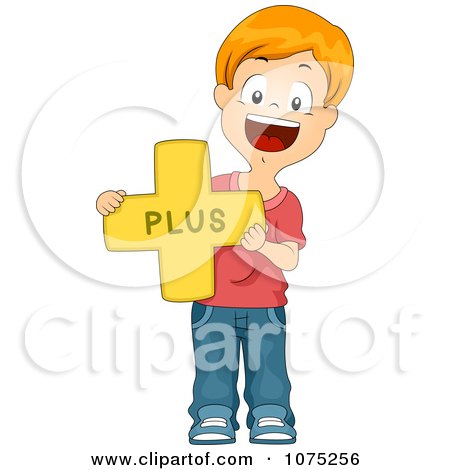 Clipart School Boy Holding A Plus Addition Math Symbol - Royalty Free Vector Illustration by BNP Design Studio