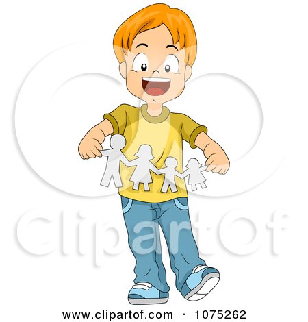 Clipart Happy School Boy Holding A Paper Doll Family - Royalty Free Vector Illustration by BNP Design Studio