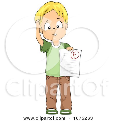 Clipart Stumped School Boy Holding A Failed Paper With An F Grade - Royalty Free Vector Illustration by BNP Design Studio