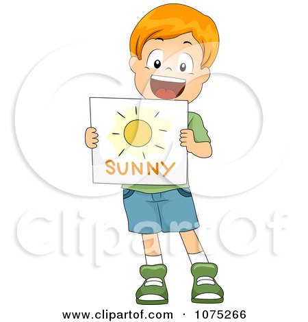Clipart White School Boy Holding A Sunny Weather Flash Card - Royalty Free Vector Illustration by BNP Design Studio