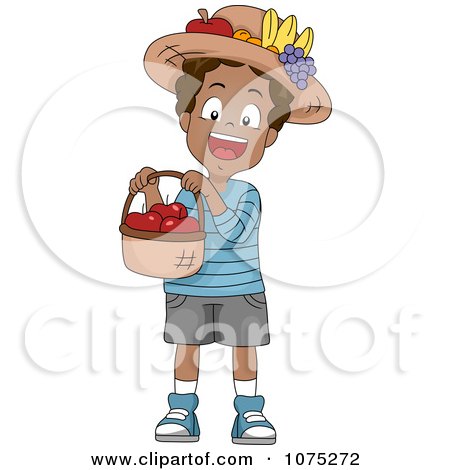 Clipart Black School Boy Holding A Basket Of Apples - Royalty Free Vector Illustration by BNP Design Studio