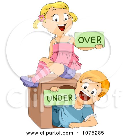 Clipart Happy School Children Holding Over And Under Flash Cards - Royalty Free Vector Illustration by BNP Design Studio